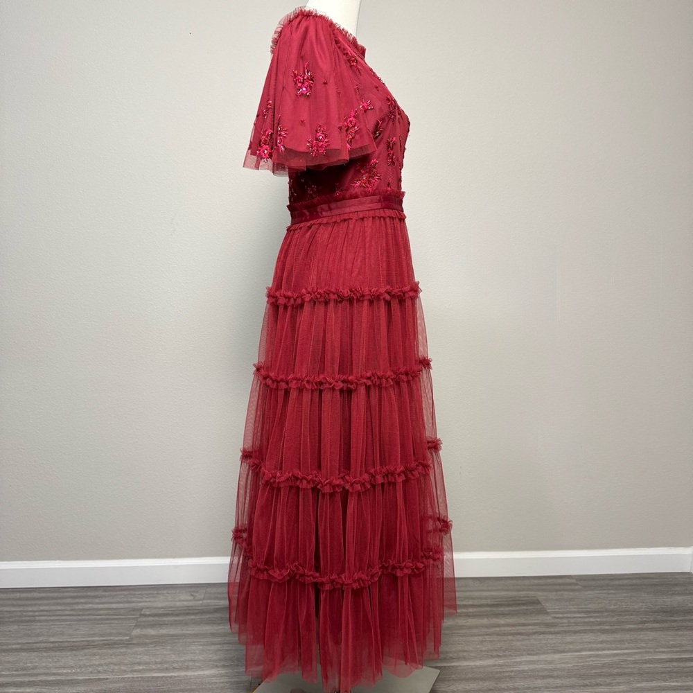 Ivy City Co. Anastasia Dress Sz M Dark Red Midi Embellished Tulle Holiday Party - Picture 6 of 14